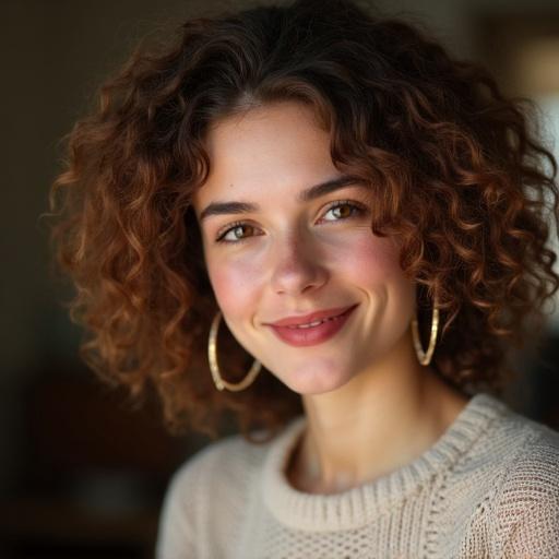 Woman in her late 20s with curly chestnut brown hair. Wearing hoop earrings and a cozy knit sweater. Displaying a warm smile and red lips. Image is photorealistic with a soft focus background.