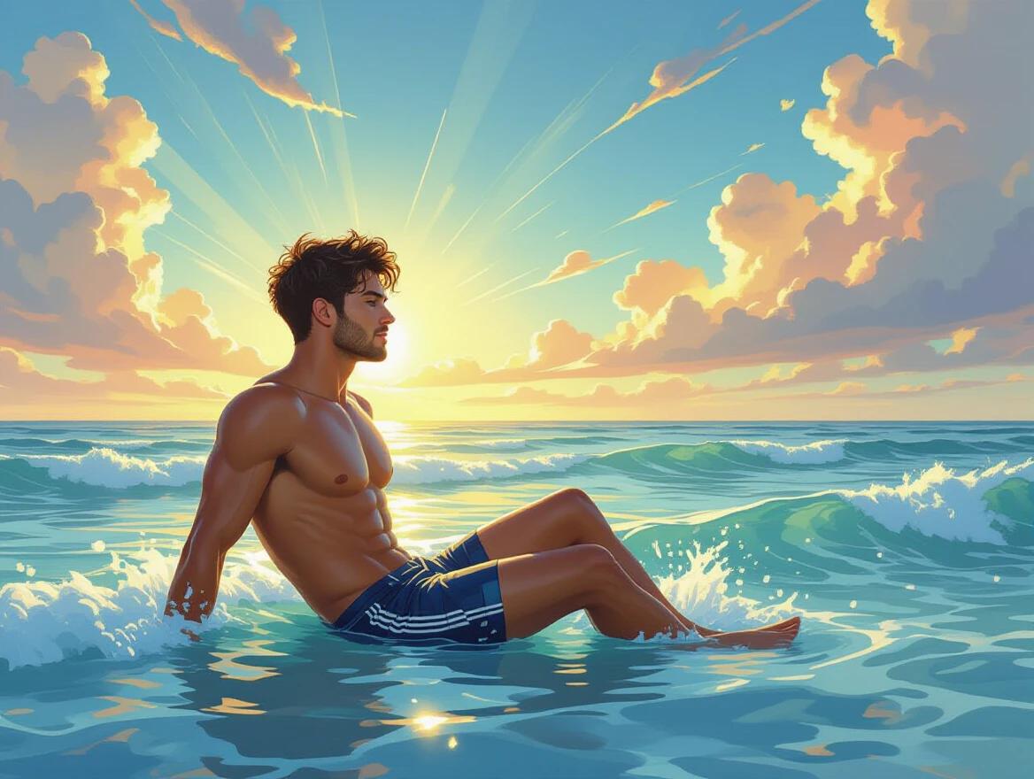 A realistic portrait of a toned man sitting at the ocean's edge. He gazes outward, sunlight illuminating his profile. Energetic waves crash nearby, capturing a feeling of fulfillment and chaos. Vibrant sunset colors fill the background, creating a serene yet dynamic mood.