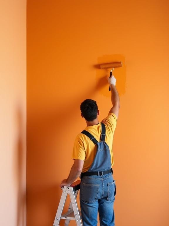 Male painter in yellow shirt and denim overalls painting an orange wall using a paint roller while on a stepladder. Brightly lit room with a fresh coat of paint being applied.