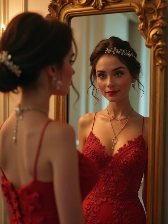 Photorealistic woman wearing red embroidered gown. Jeweled headpiece accentuates her look. Standing in front of ornate gold mirror. She gazes at clear reflection. Warm lighting creates a luxurious atmosphere. High detail showcases elegance and beauty.