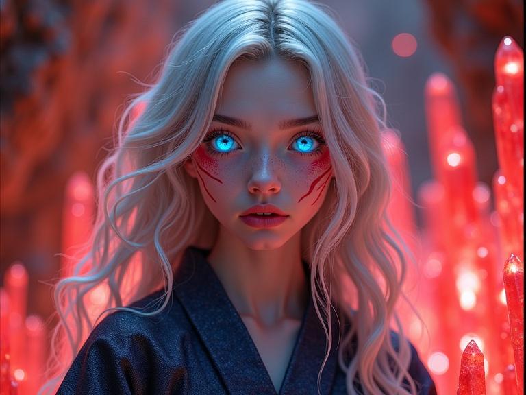 Bright surrealism art featuring a young female with glowing blue eyes and long silver hair. She has red stripes on her face and patches of red crystals extending outward. Wearing a navy granite kimono in a cave filled with glowing red crystals and white particle effects.