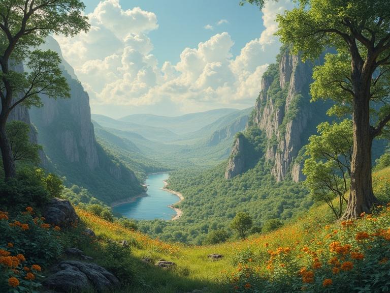 Scenic landscape featuring a river flowing through a lush green valley surrounded by mountains and colorful flowers under a blue sky with clouds.