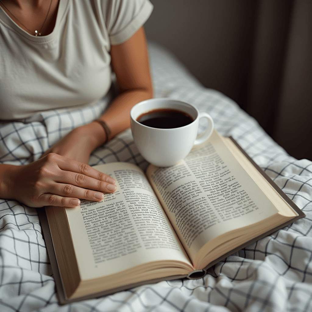 A person holding a cup of coffee while reading an open book on a bed.