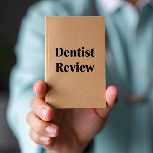 Close-up shot of a hand holding a small brown booklet marked 'Dentist Review'.