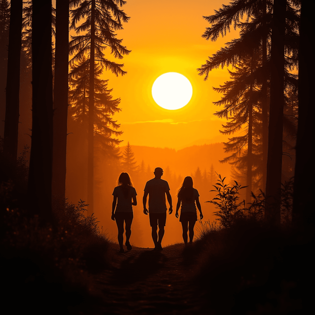 Three people walk along a forest path, silhouetted by a vibrant sunset.