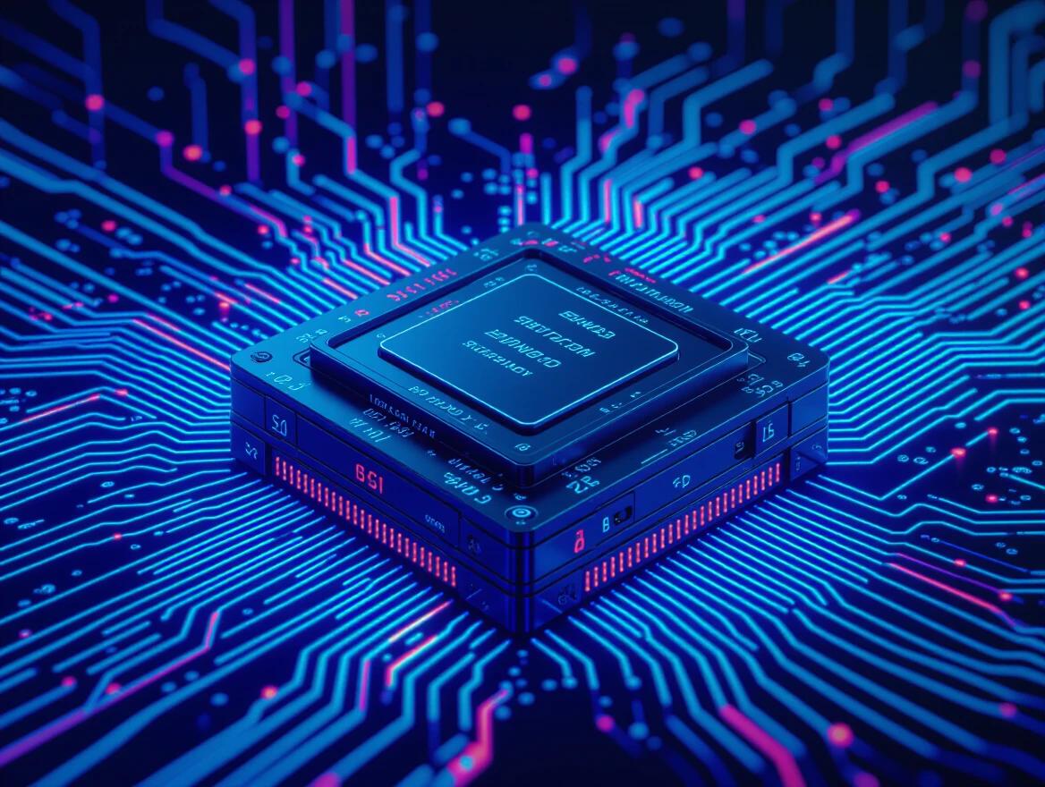 Futuristic realistic image of a camera sensor surrounded by electronic circuits. Sensor is partially stacked. Neon colors and detailed circuitry visible. Blue and pink lighting enhances the high-tech feel.