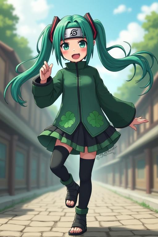 Hatsune Miku dressed as a ninja in Hidden Leaf Village. She wears a green outfit with Hidden Leaf Village symbols. Miku expresses joy and energy while dancing in the streets. The background features buildings from the Naruto series.