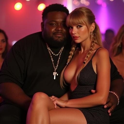 Portrait of a woman with long blonde pigtails in a short cutout club dress sitting with a large man. They are holding each other close in a vibrant nightlife setting.