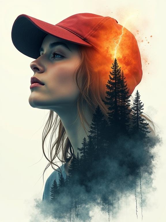 Moody digital art of a teenage girl in a cap surrounded by a blend of mountains forests and flames. Apocalyptic landscape with stormy atmosphere. Double exposure effect enhances the illusion of nature elements flowing through her profile. High-quality close-up captures emotion and atmosphere.