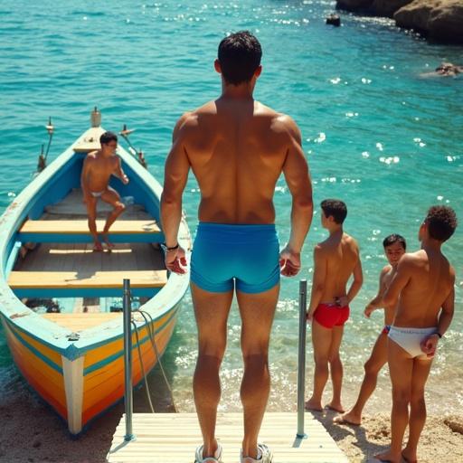 Group of cheerful young people near colorful boat on shimmering ocean. A young man stands confidently on stairs wearing bright blue swim brief. His muscular physique is highlighted by the sun. Others are nearby, laughing and preparing for aquatic fun. Scene radiates excitement and friendship under blue sky.