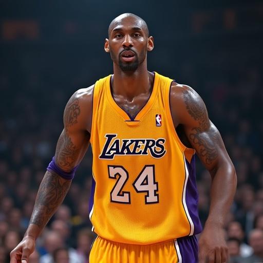 Kobe Bryant in action with Los Angeles Lakers jersey wearing number 24. Intense expression on a basketball court. Realistic details with dramatic atmosphere and cinematic lighting. High resolution and ultra detailed.
