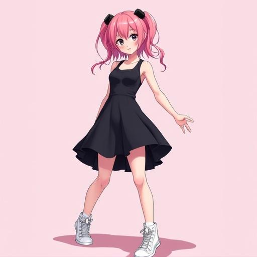 Anime woman features pink hair wearing a black dress with white sneakers. The character has a playful pose against a pink background.