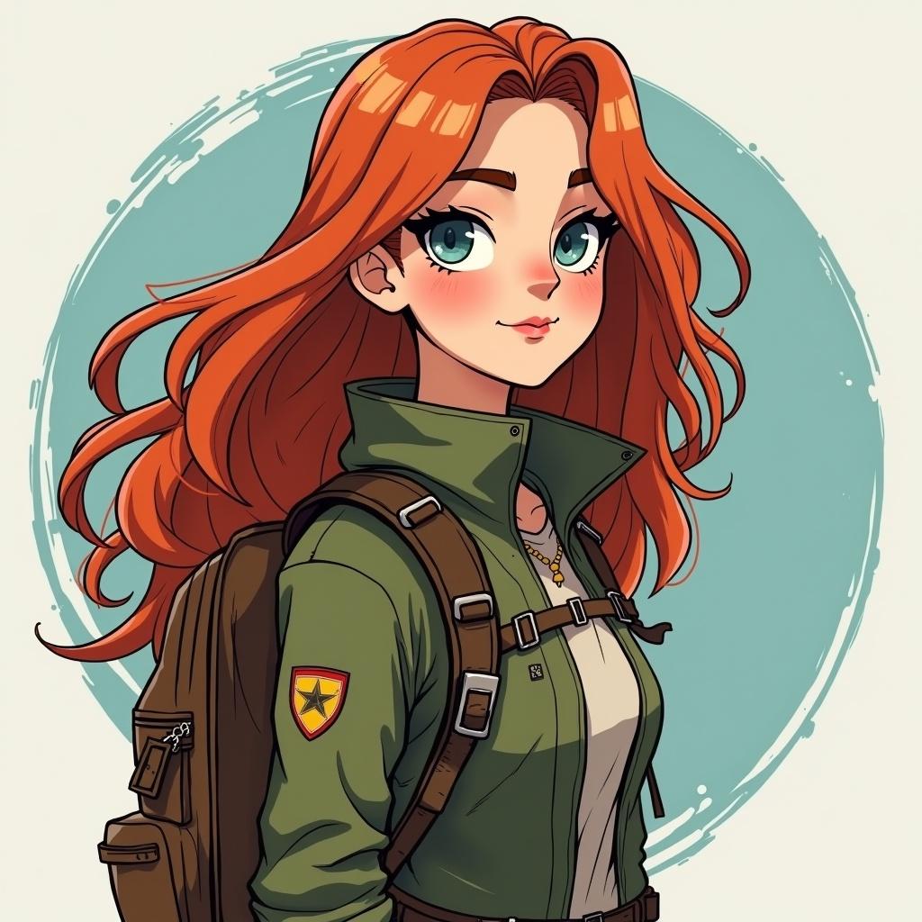 A redheaded girl with an adventurous spirit poses confidently. She wears a green jacket and carries a backpack. An atmosphere of exploration surrounds her, depicted in a vibrant and dynamic anime style.