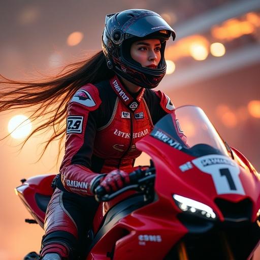 Capture elegance of a Japanese warrior woman in modern Jic armor. Seated on a MotoGP bike. Exuding confidence. Long hair flows in the wind. Background features cheering crowd and vibrant lighting. Cinematic and dynamic atmosphere highlighting details of outfit and bike.