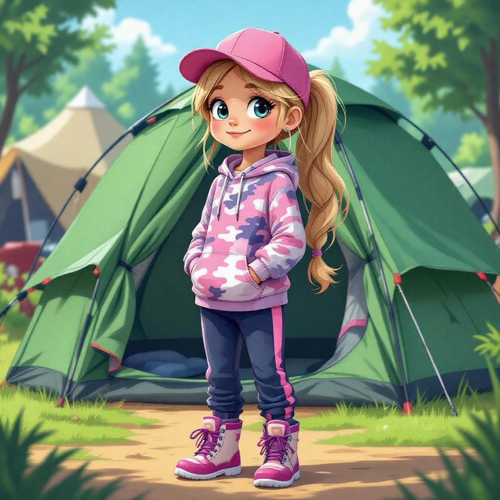 Cartoon character standing outside a tent at a summer music festival. Girl with long dark blonde ponytail. Wearing pink baseball cap pink camouflage shirt pink tracksuit hoodie tied around waist navy-blue pants pink wellington boots.
