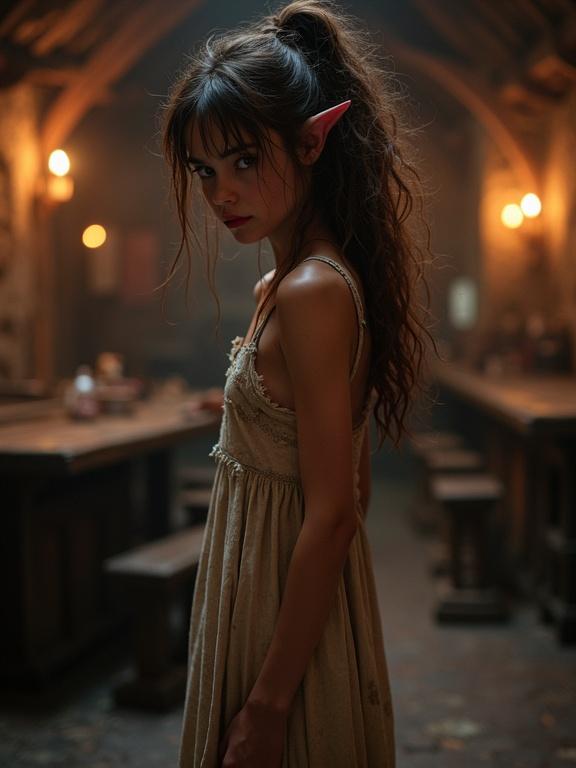 Photorealistic image of young woman in worn tavern dress. She has messy brown hair and violet skin. Her eyes are dark red, and she has horns at the hairline. The setting is a run down tavern dimly lit by torchlight. Shot portrays her full body.