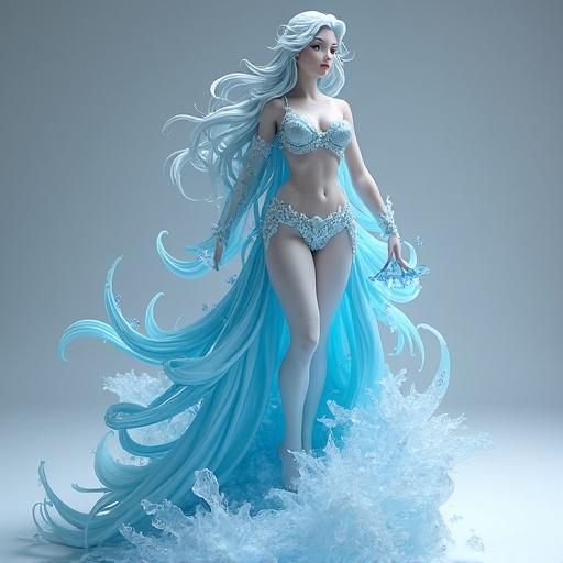 Super stylized ultra detailed resin figure of the ice goddess in blue tones with elegant features and flowing garments