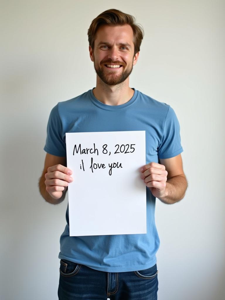 Photorealistic image of a man in casual clothing standing indoors. He holds a white sheet of paper displaying the date March 8 2025 and the message I love you. The background is a plain white wall. The lighting is bright creating a soft atmosphere.