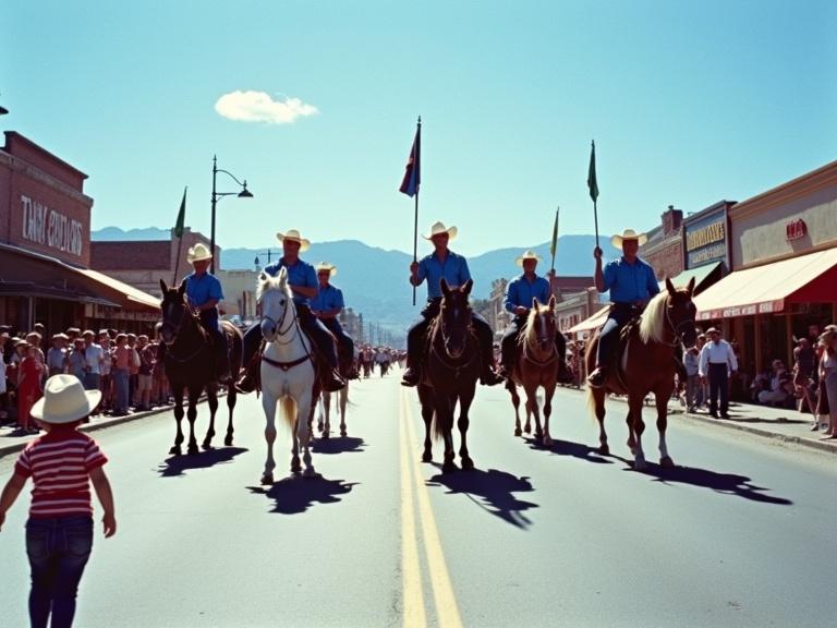 Photograph of parade on street during daytime. Clear blue sky with six cowboys on horses in middle of street. Cowboys wearing blue shirts and white hats holding flags. Spectators on both sides of street. Some people sitting on curb. Buildings in background including one with sign "Waffle Shop". Mountains visible in distance. Child in foreground wearing red and white striped shirt. Vintage style image with slight grain. Medium wide shot capturing crowd and festive atmosphere.