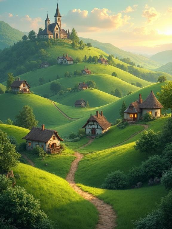 A digital painting of a fantasy countryside village in rolling green hills. Quaint thatched-roof cottages are among lush landscapes. Warm lights shine from inside. A winding path leads to hilltop churches and cozy homes. Surrounded by vibrant trees and a sense of serenity.