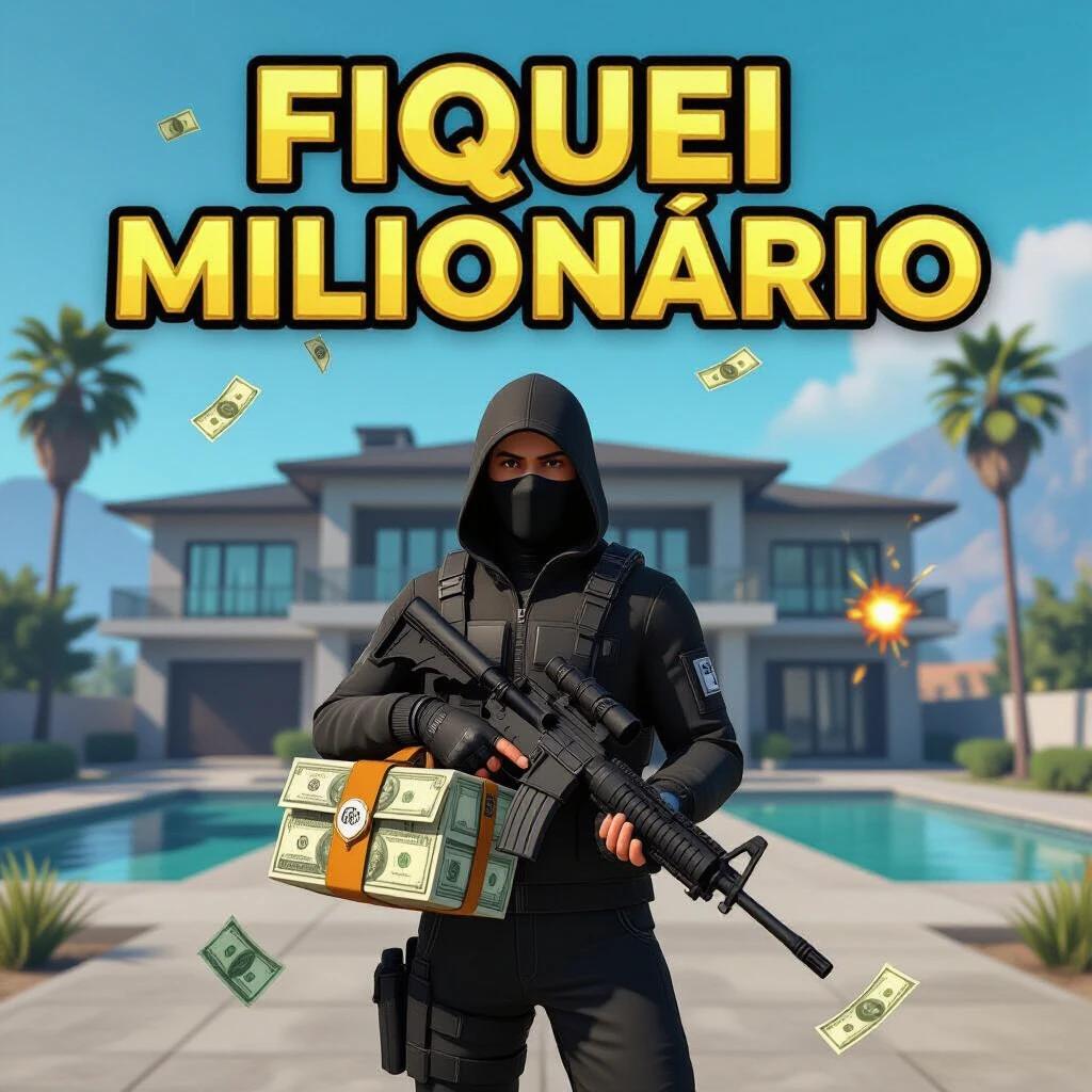Thumbnail for YouTube video about GTA V Online. Main character in black tactical outfit. Holding suitcase full of cash. Mansion at Cayo Perico in background. Explosions and flying dollar bills. Large golden text at the top says 'FIQUEI MILIONÁRIO'. Bright and vibrant style. Suitable for heist video.