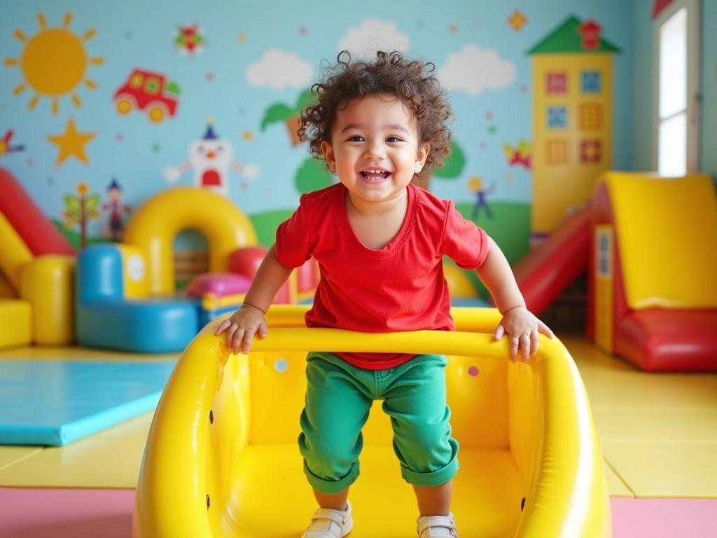 The image captures a playful scene inside a bright and cheerful playroom. A young child is standing on a yellow bouncy platform, holding onto a safety handle with both hands. The child is wearing a red shirt and green pants, showcasing a happy expression as they enjoy the activity. In the background, there is an engaging mural featuring colorful cartoon characters and toys, adding to the fun atmosphere. Various soft play structures and mats are arranged around the room, making it a safe space for children to play and explore.