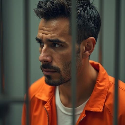 A man with a serious expression wearing an orange prison jumpsuit. The setting includes prison bars in the background. He gazes thoughtfully to the side, captured in soft lighting.