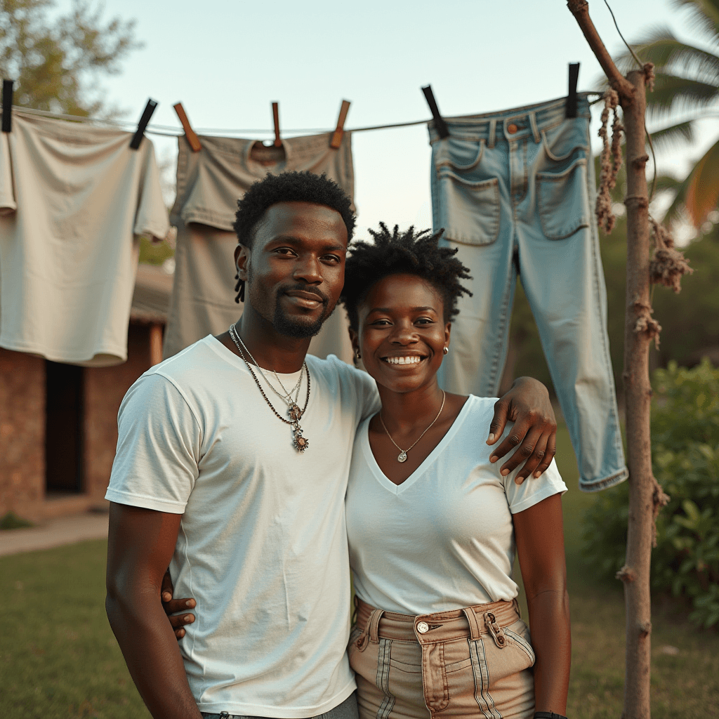 A smiling couple embraces in a garden, with freshly washed clothes hanging behind them.