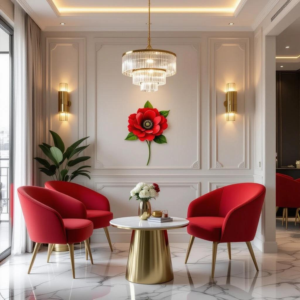 Decorated and well-lit environment with luxurious wall decoration. Features red armchairs in the center and a modern small table for minimal decor.