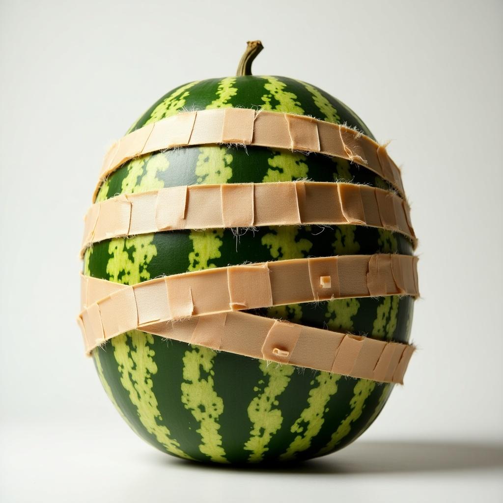 A watermelon wrapped in bandages. The background is plain. The watermelon is green with stripes, appearing round. The bandages are beige and cover the watermelon in a crisscross pattern.