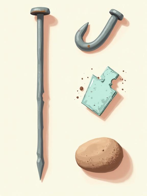 Illustration shows objects that can cause injury. Objects include a rusty nail a metal hook a jagged metal shard a dirty stone. Each object has an exaggerated cartoon appearance. Background is plain and neutral