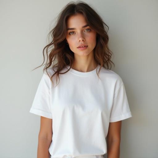Realistic girl posing in a white t-shirt mockup. Model with soft features and natural makeup. Casual setting with subtle lighting.