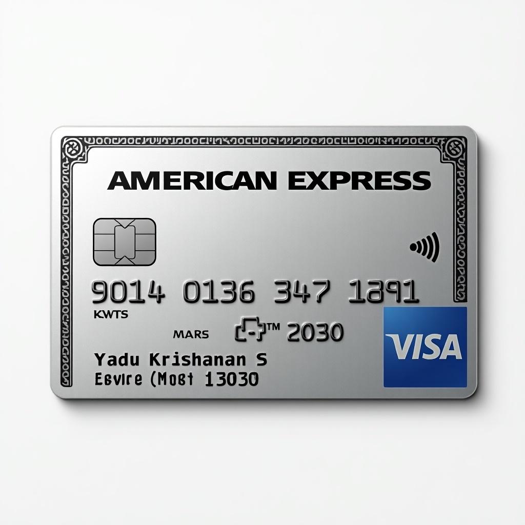 Realistic image of a platinum American Express credit card features Visa logo. Cardholder name is Yadu Krishnan S with expiry date in March 2030. Silver background showcases modern elegant design with bold black font.