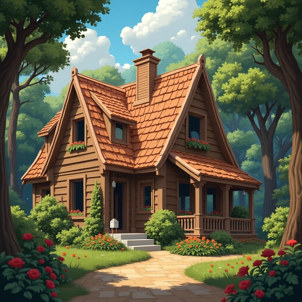 The image depicts a charming wooden home nestled in a beautiful forest. This picturesque house features a sloped roof with orange tiles and is adorned with green shrubs and blooming red flowers. A stone pathway leads to the front porch, inviting visitors to explore. Surrounding the house are tall trees that provide shade and a sense of tranquility. The sky is clear with fluffy white clouds, enhancing the idyllic atmosphere of this cozy retreat.