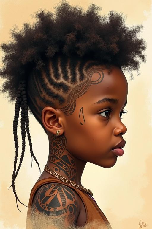 Design a tattoo with thick lines and shadows with fine lines. The face of a girl with curly hair in African style. No fills.