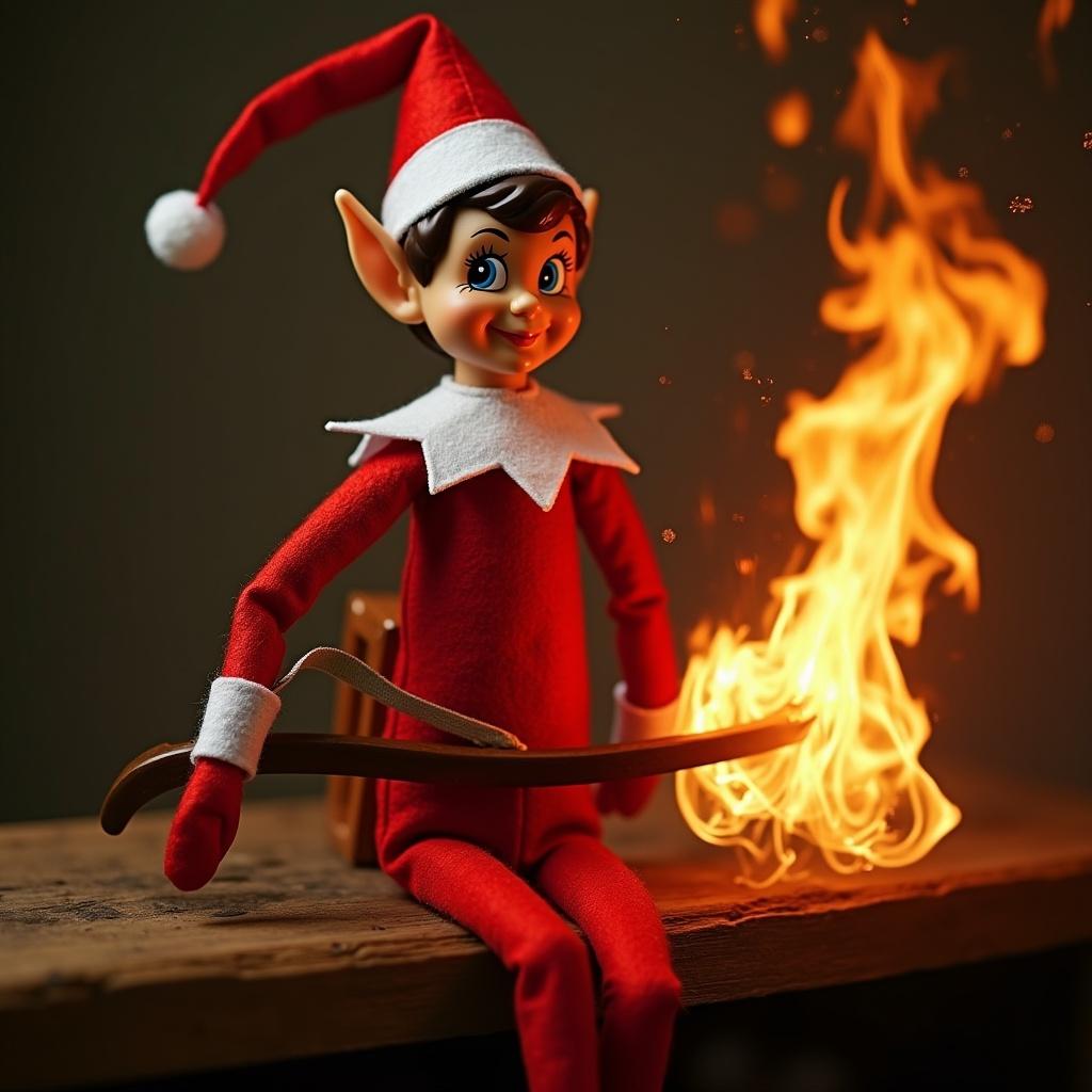 An elf on the shelf creates the name Logan using fire. The elf wears a red suit and hat. The scene is filled with flames in an artistic display. Warm lighting illuminates the surroundings.