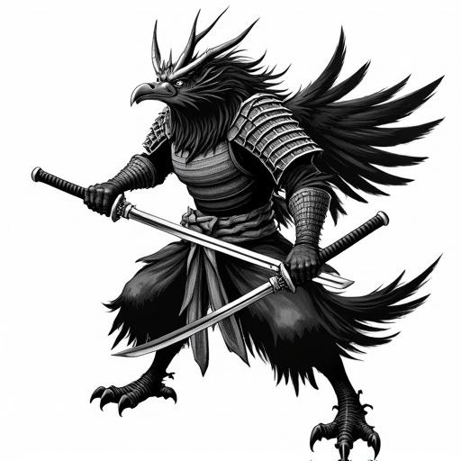 Mythical creature features sharp horns and wild mane. Adorned with samurai armor and raven-like wings. Wields two 80cm sticks in a fierce pose. Lower half has avian attributes with claw-like feet. Conveys mystical and dramatic atmosphere in traditional Japanese ink art style.