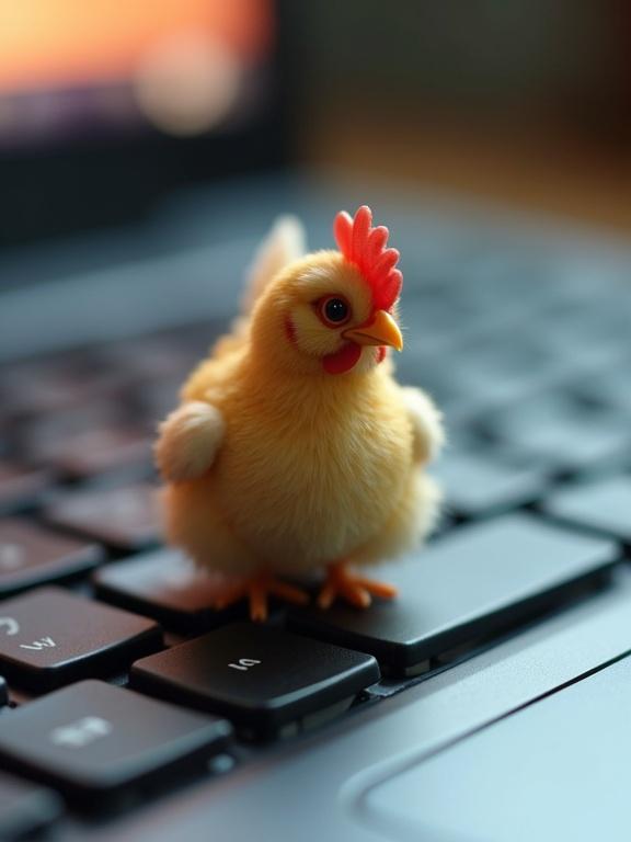 A lifelike miniature chicken is sitting on a computer keyboard. The chicken has realistic feathers. The keyboard is modern with visible keys. Background is blurred. The lighting is soft, highlighting the chicken and the keys.