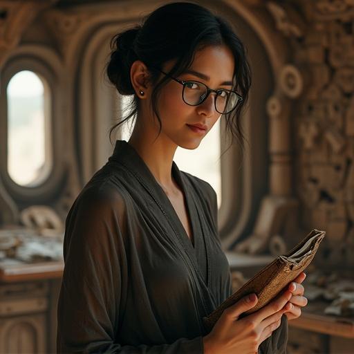 Photorealistic image of young adult Lyra with a scholarly air. Dark hair tied back in a bun. Wearing a thin, translucent robe and wire-rimmed glasses. Composed demeanor while holding a leather-bound digital reader and scrolls. Shy smile at the photographer in Elara's office with ancient artifacts