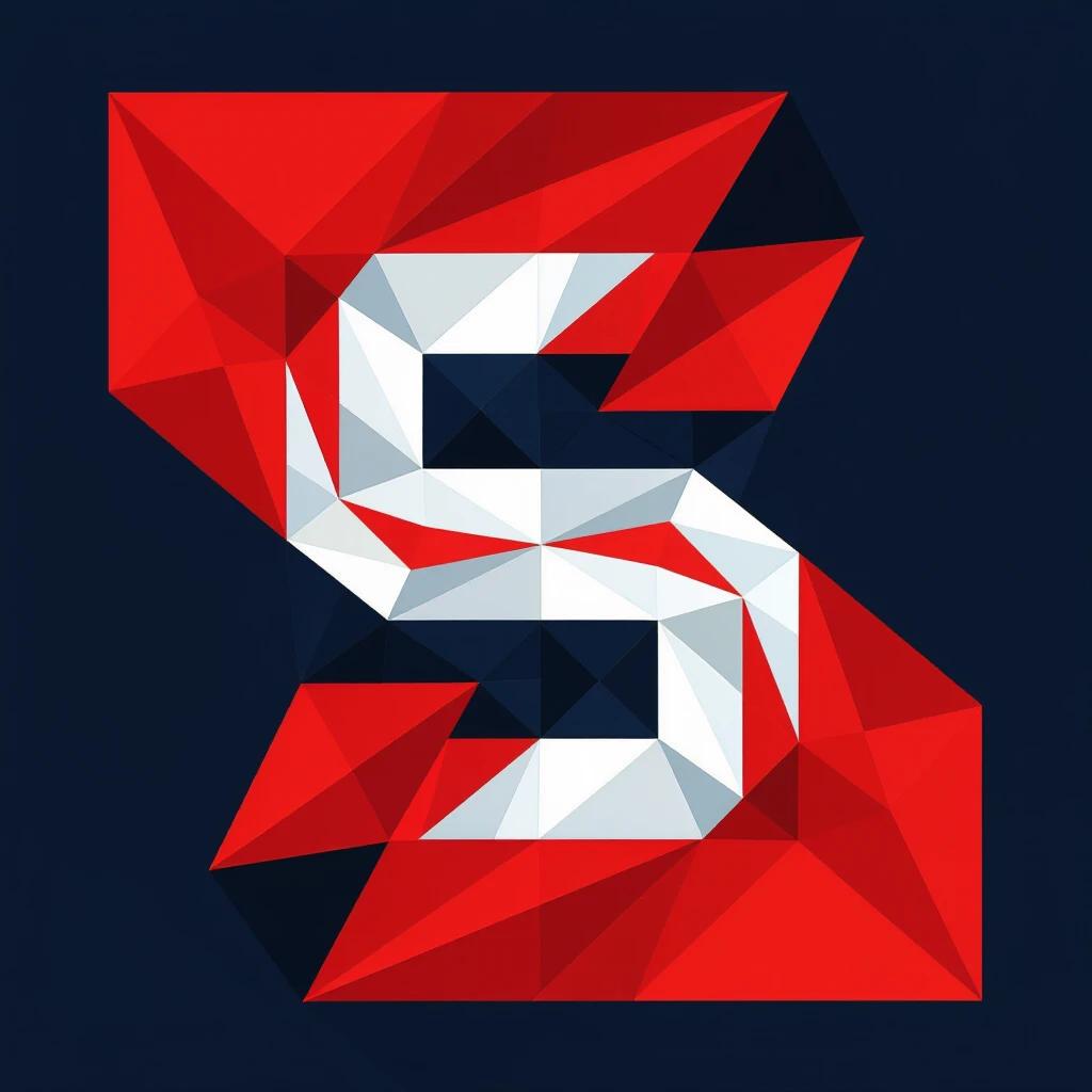 Bold geometric logo design of letter S. Sharp angular lines. Overlapping and intersecting shapes. Vibrant red color on solid dark background. Clever use of negative space for depth and contrast. Modern sleek look.