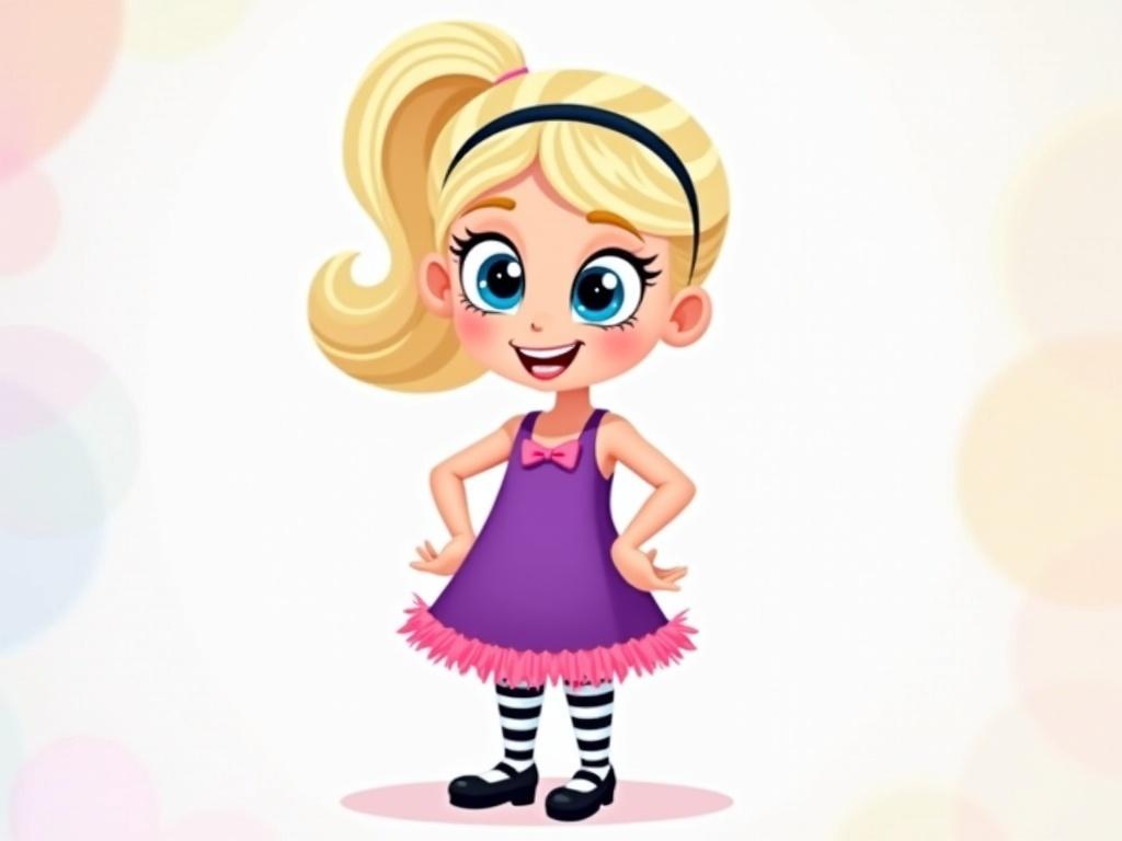 The image features a cartoon girl with light blonde hair styled in a high ponytail, sporting a thin headband. Her skin tone is fair, and she has large, expressive blue eyes that convey a cheerful demeanor. The girl is wearing a vibrant purple dress adorned with a pink ruffled hem and a bow at the back, complemented by black and white striped leggings and simple black shoes. She stands with her hands on her hips, and the background includes soft, abstract gradient colors, enhancing the playful and whimsical atmosphere of the scene.