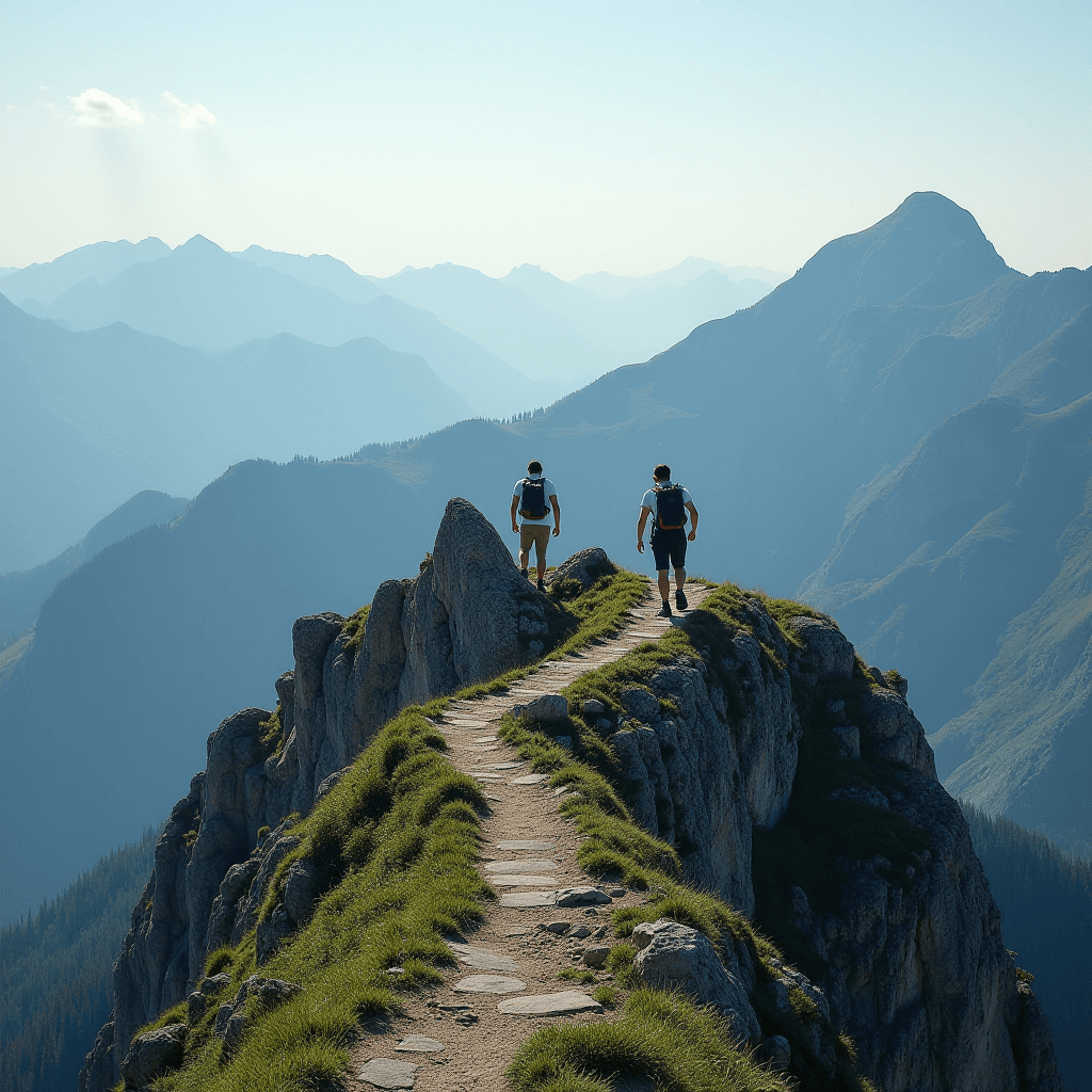 Two hikers walk along a narrow mountain ridge path with a breathtaking view of distant peaks bathed in soft sunlight.