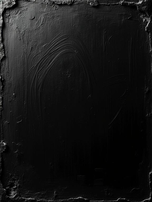 Close-up digital oil painting with a black background. Thick brushstrokes create a textured finish. Flat colors blend with silhouette design. Minimalist style features a film negative with shadows. Weathered marks from corrosion distort edges, adding a decayed effect.
