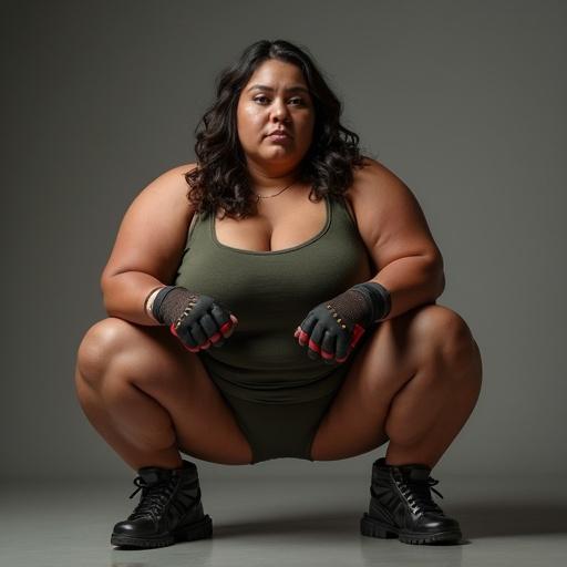 BBw individual in a squat position wearing fitness attire. Hands in gloves. Natural expression. Fitness setting. Body positivity theme.