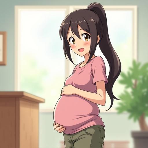 Anime character depicted as pregnant female. Light indoor setting with cheerful expression. Casual clothing worn by the character. Designed in a style similar to Pokemon art.
