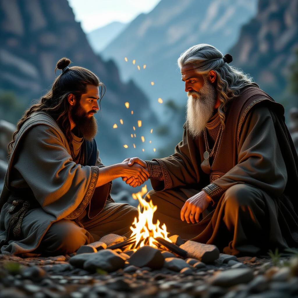 Dramatic scene portraying the biblical story. Two men shaking hands by a fire. Majestic mountains in the background. High detail and definition. Hyper-realistic style.