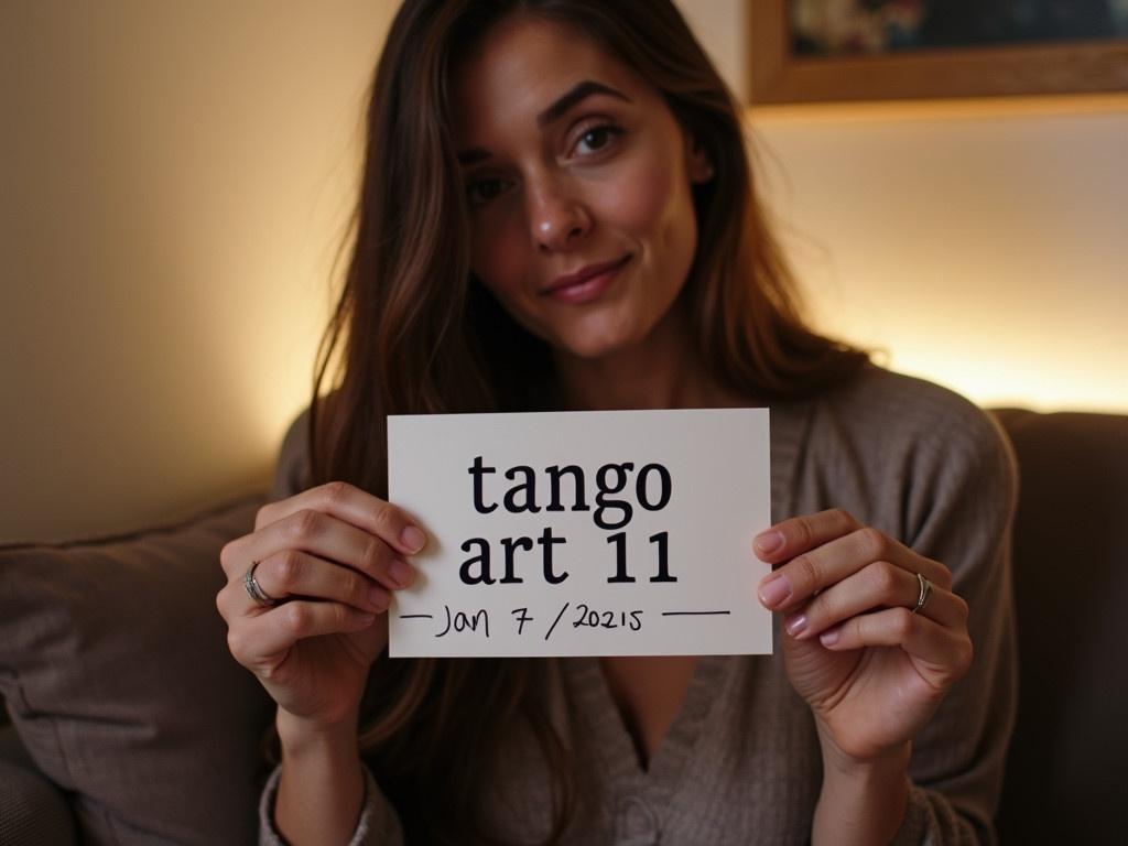 The image shows a woman holding a sign that reads 'tango art 11' in her hand. Below it, there is a handwritten addition that says 'Jan 7, 2025'. She is sitting in a cozy environment, with soft lighting that creates a warm and inviting atmosphere. Her long hair cascades down, partially framing her shoulder. She appears to be relaxed and casual, enjoying a moment in her space. The background is minimalistic, allowing the focus to remain on her and the sign.