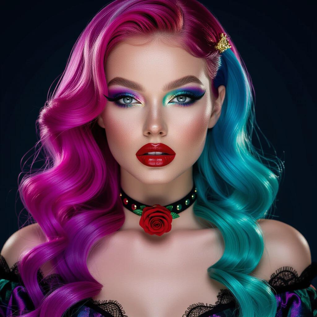 Striking glamorous figure showcases vibrant artistic makeup. Rich colors blend purple teal and gold. Alabaster skin glows with sheen. Dark red lips shimmer enticingly. Hair cascades from pastel pink to turquoise. Dark background enhances composition. Black choker with red rose adds edgy detail. Mood conveys bold confidence and artistic expression.