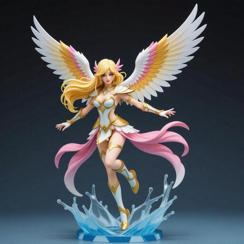 Female resin figure inspired by Pidgeot from Pokemon. Stylized and elegant woman with light athletic body. Long hair in blonde and pink tones flowing like feathers. Wearing winged warrior outfit in gold and cream tones with red accents. Large outstretched wings in flight position. Dynamic pose with one leg back and torso slightly turned. One hand extended forward. Serene expression. Solid base decorated as rocky ground with carved wind for movement effect. Design conveys lightness and elegance.