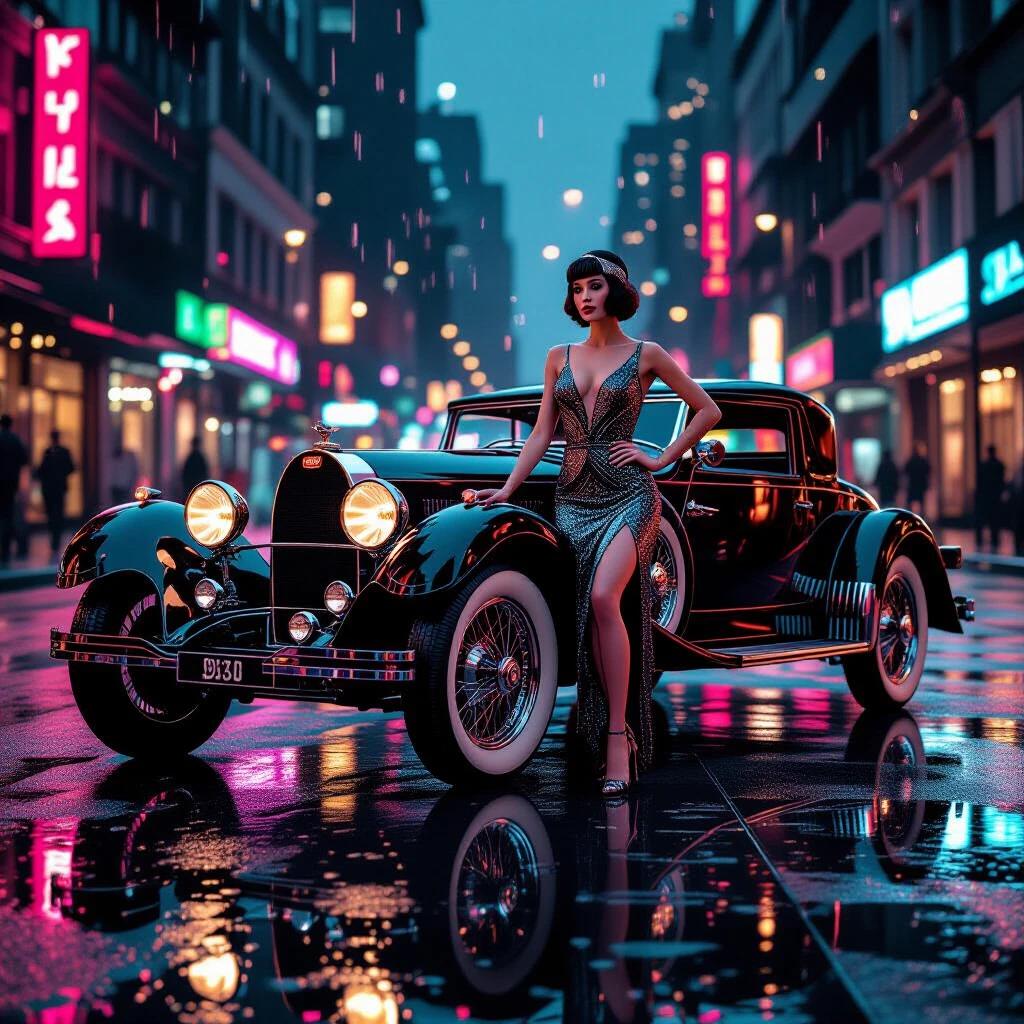 Ultra-photorealistic image of downtown scene in the 1920s mood at midnight. Vibrant wet asphalt reflects neon lights in pink, gold, and teal hues. Woman in Art Deco dress leans on a mirror-black 1925 Bugatti T35. Distinct layers of depth with rain effects in the foreground, the subject and car in sharp focus, and a softly blurred city skyline in the background.